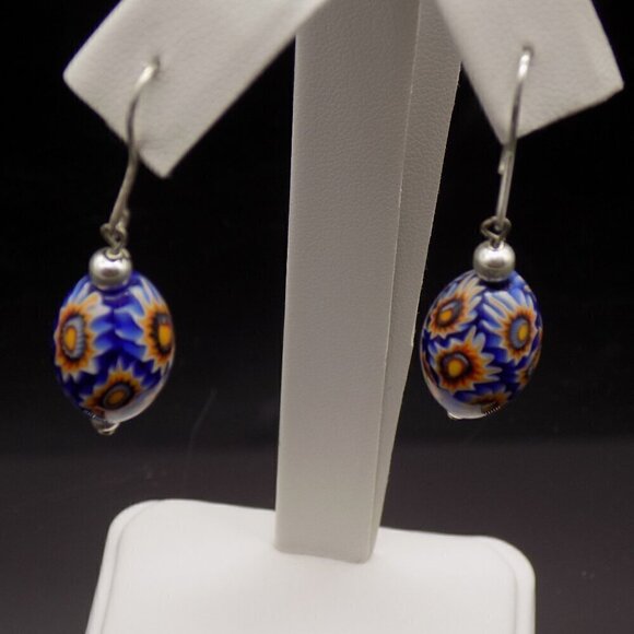 925 Sterling Silver Blue Glass Earrings Floral Beads Millefiori Style Signed FAS - Picture 2 of 5